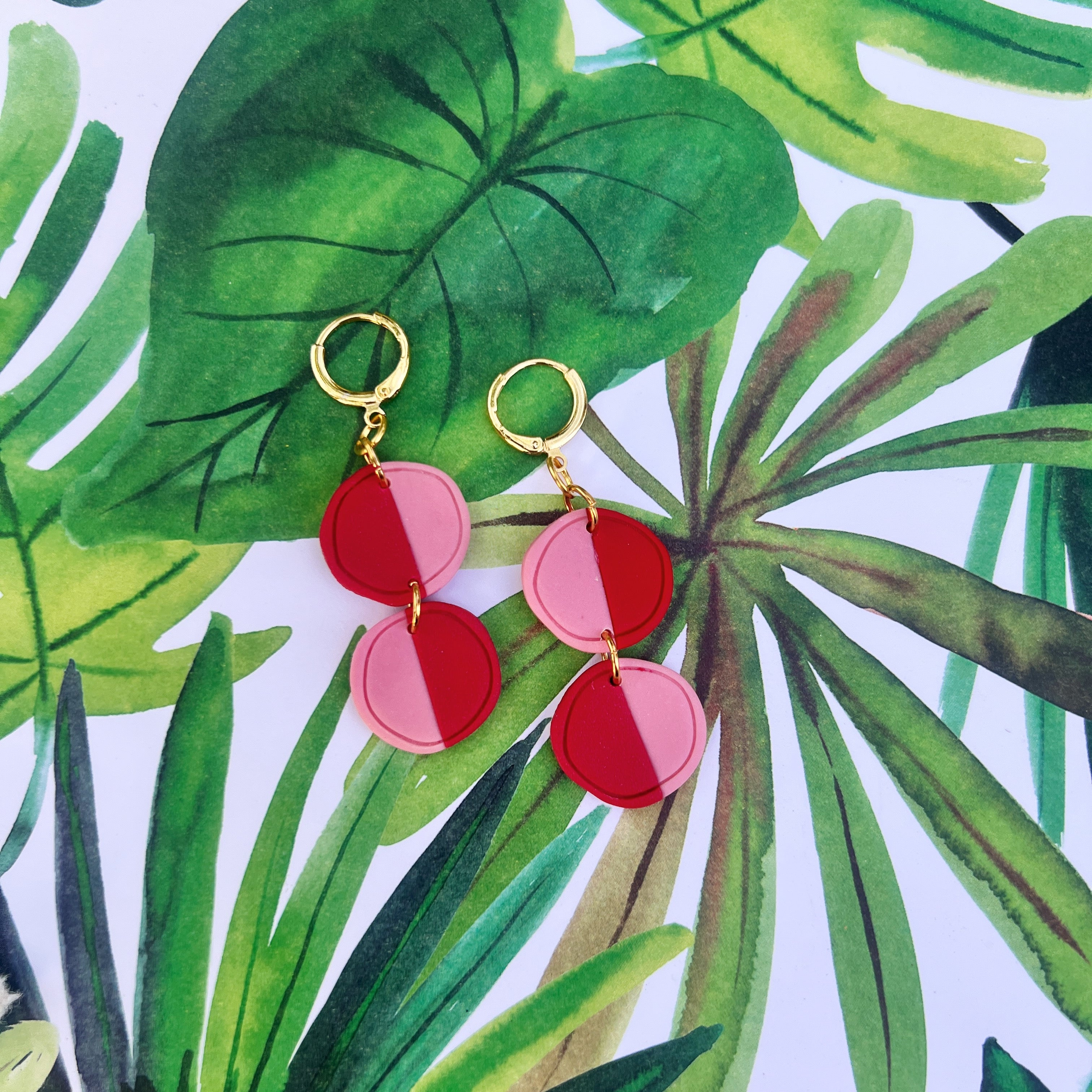 Pink and Red Color Block Circle Dangles