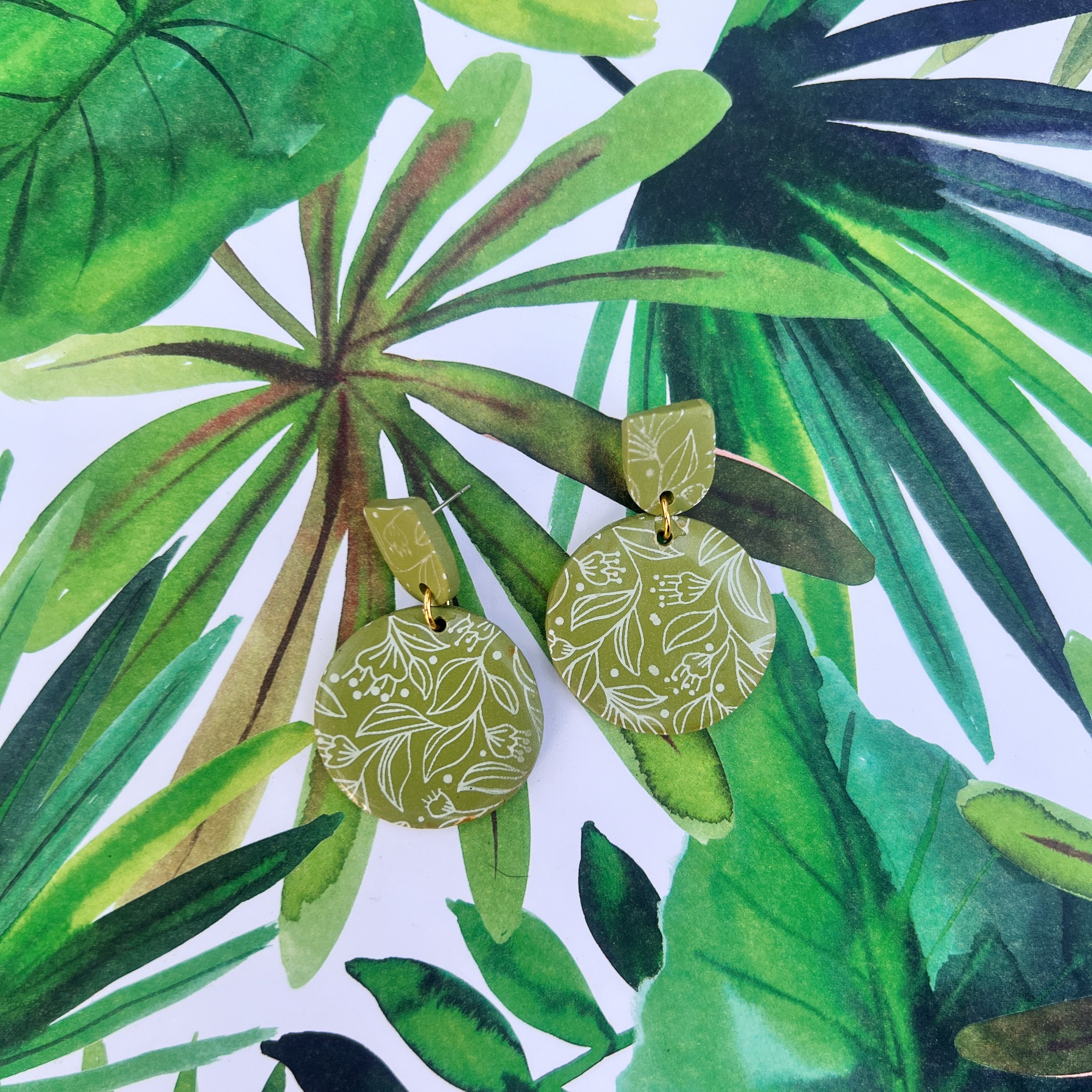 Green and White Delicate Floral Pattern Dangles