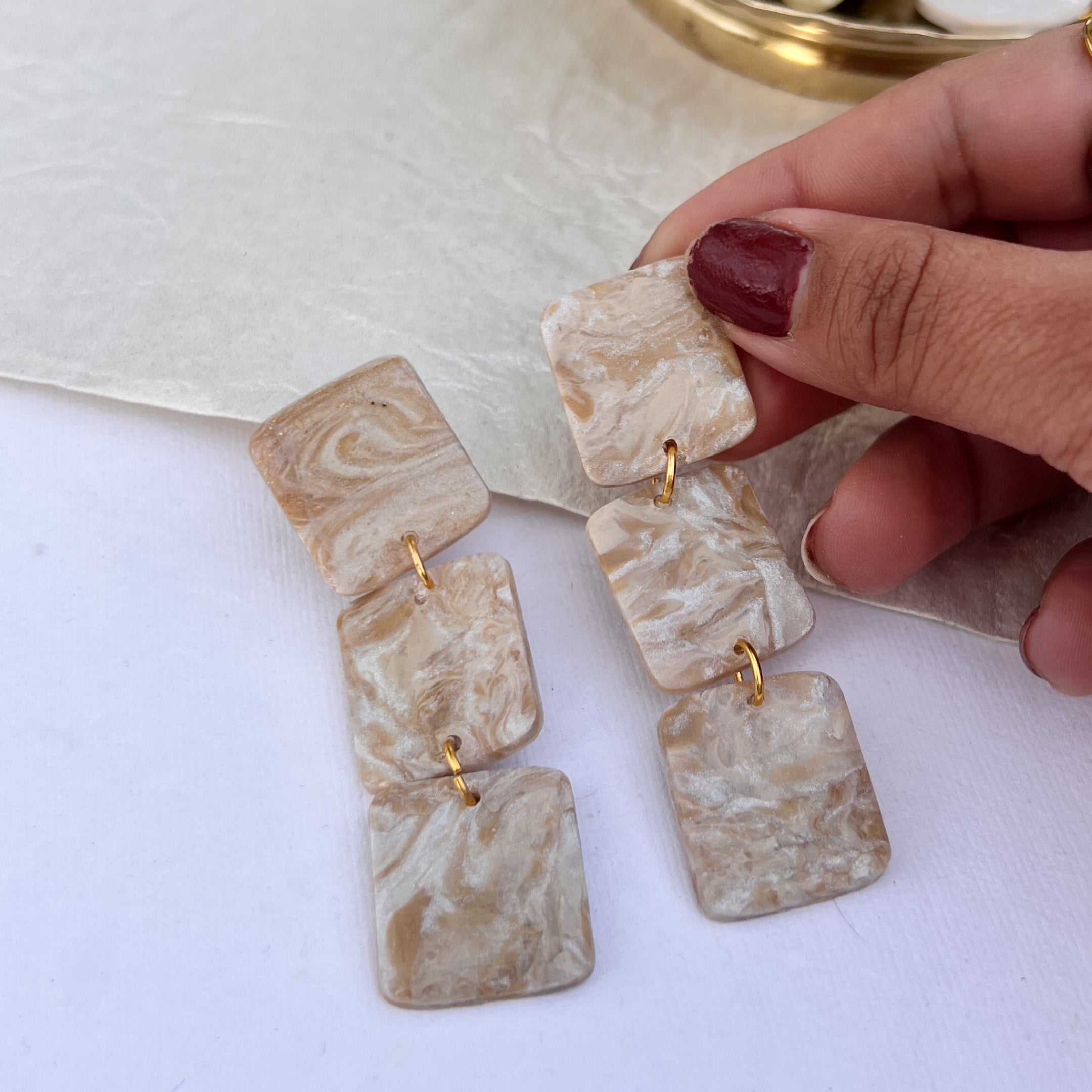 Beige Swirl Square Tiered Dangle Earring