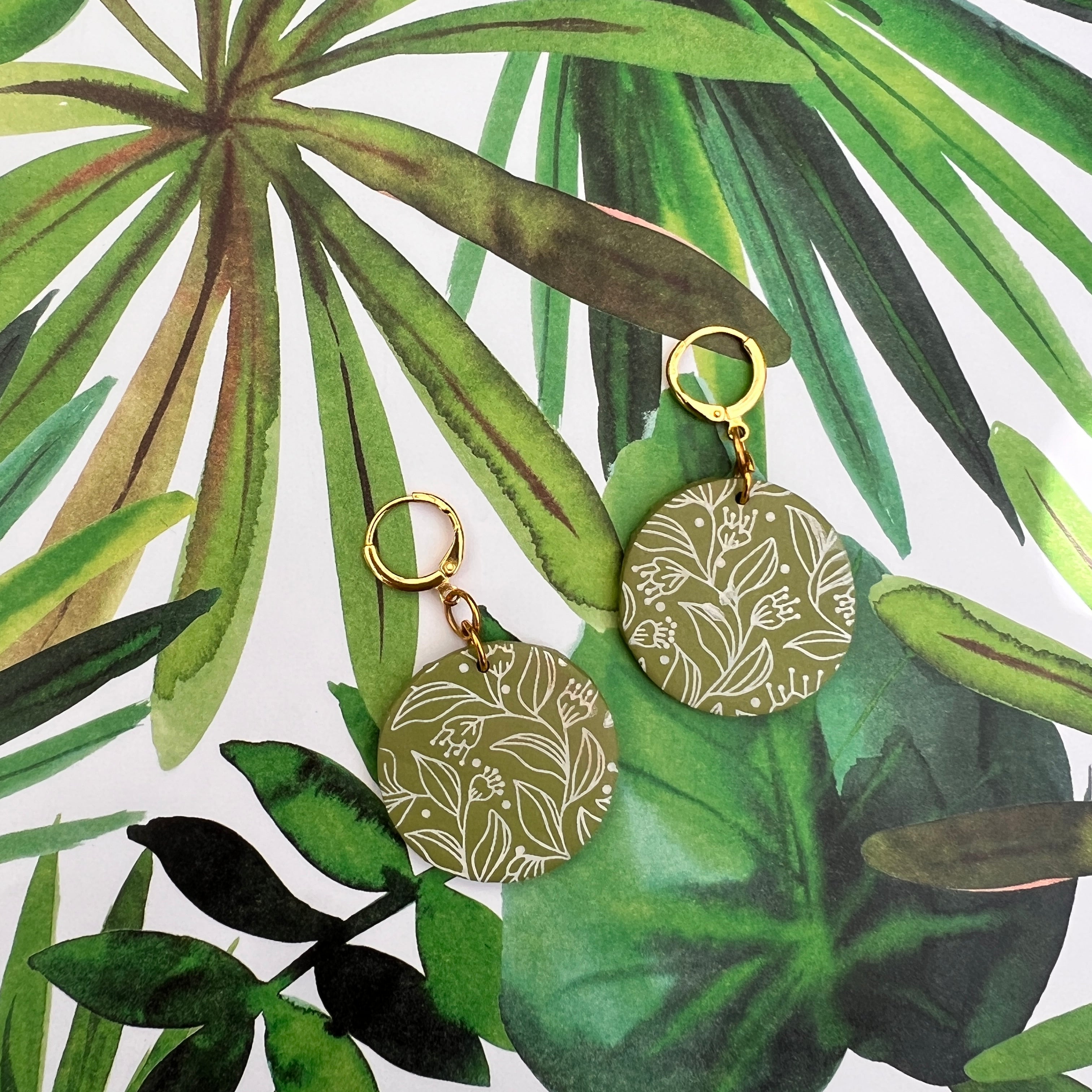 Green and White Floral Pattern Dangles