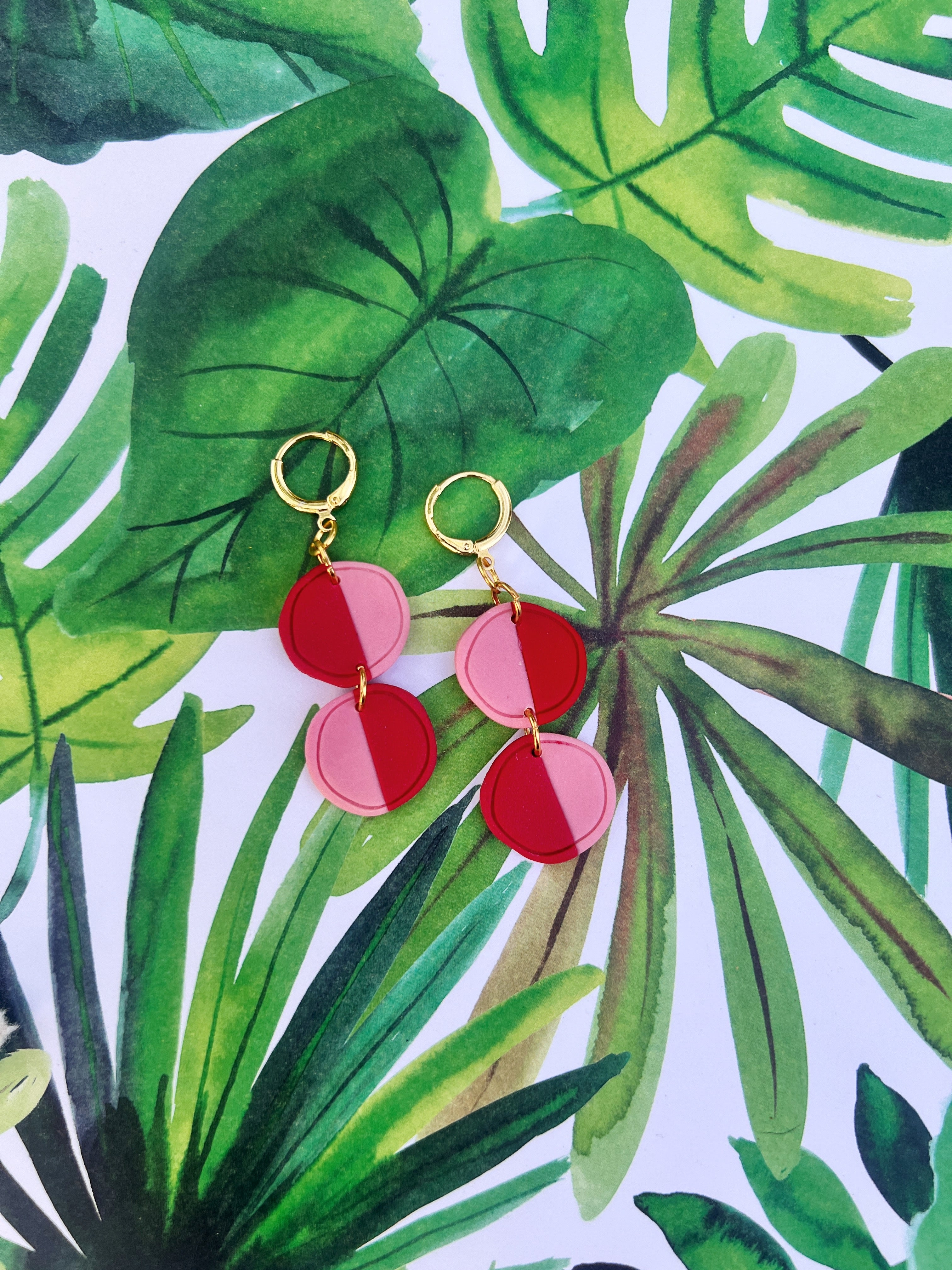 Pink and Red Color Block Circle Dangles