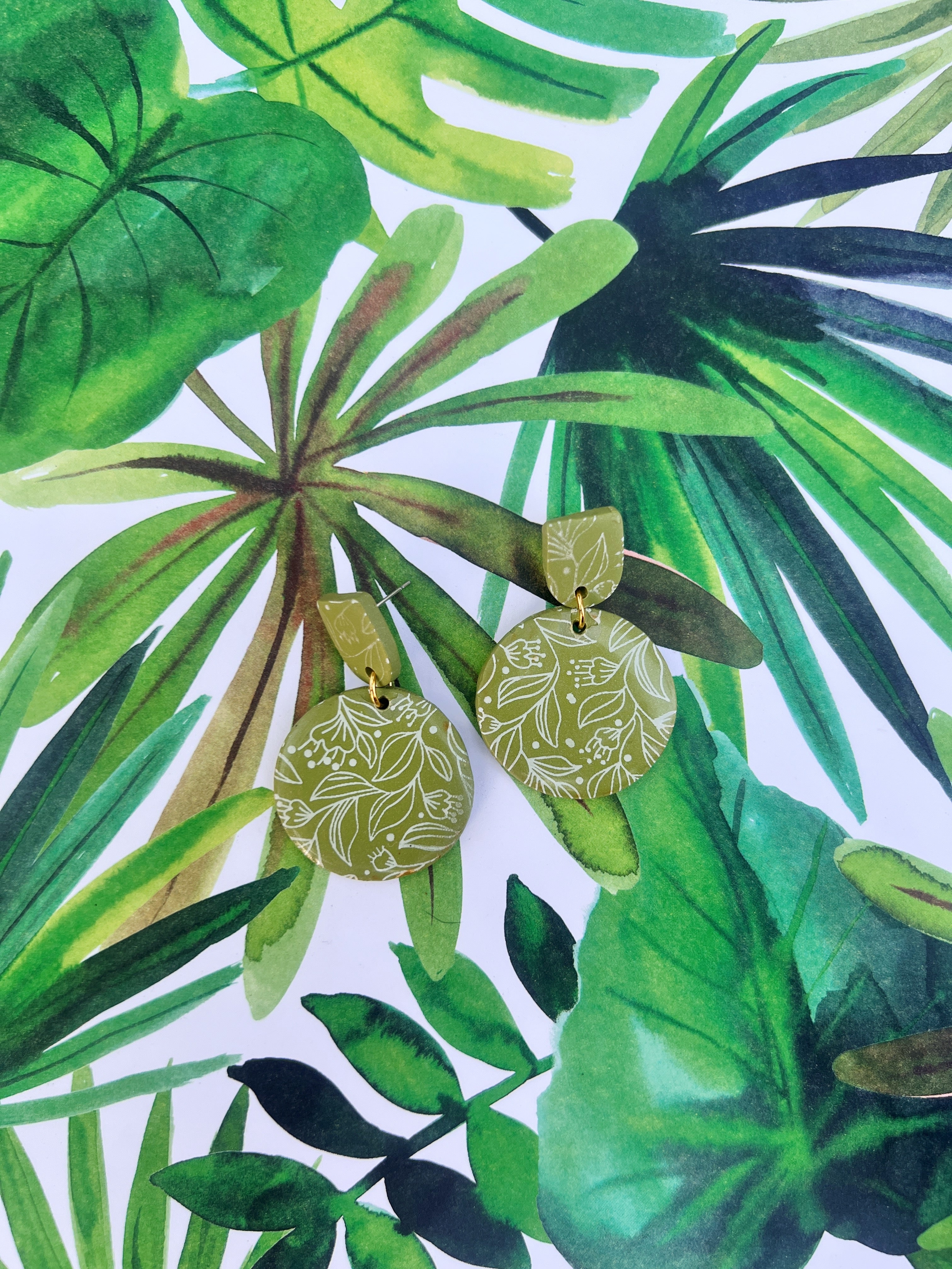 Green and White Delicate Floral Pattern Dangles