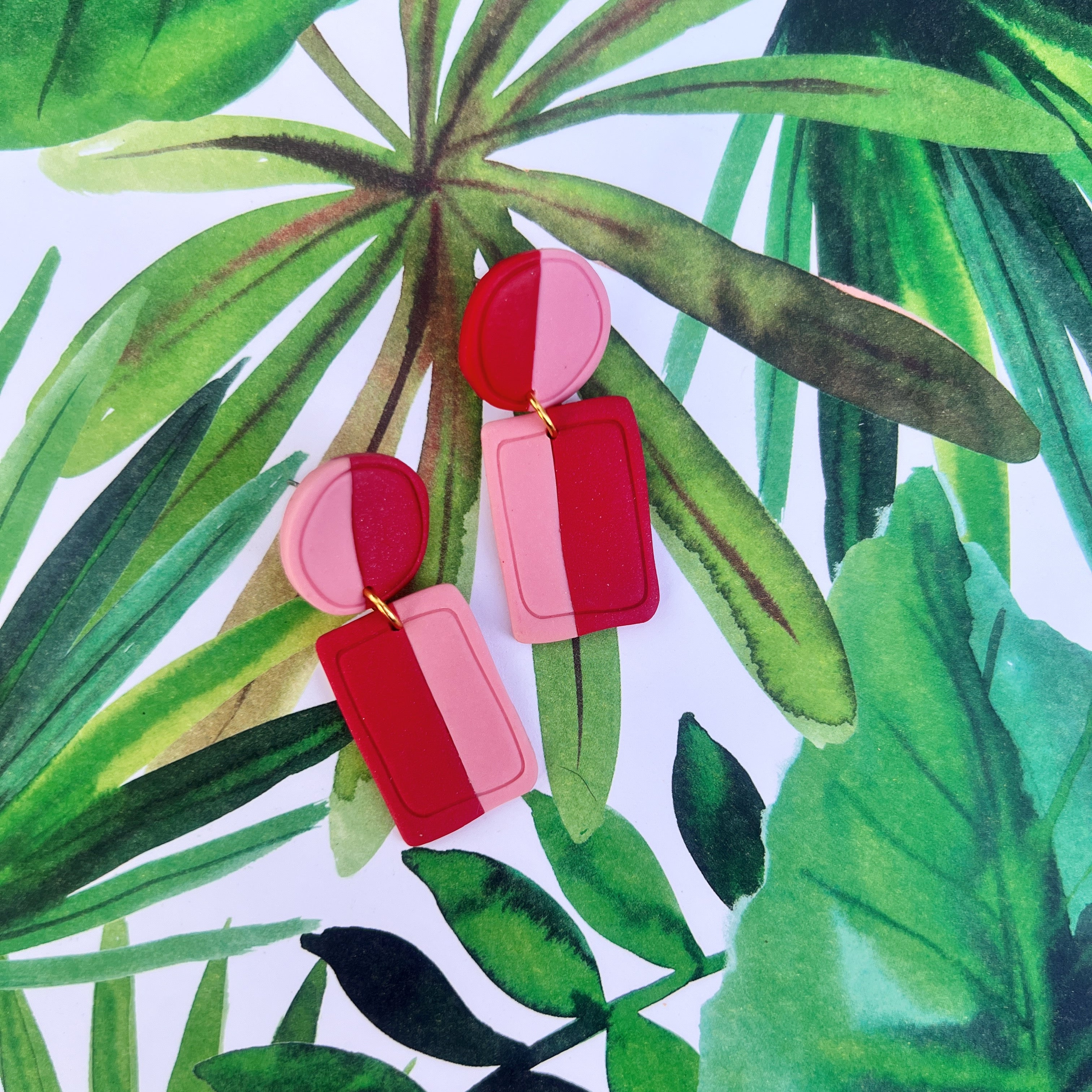 Pink and Red Color Block Multi Shape Dangles