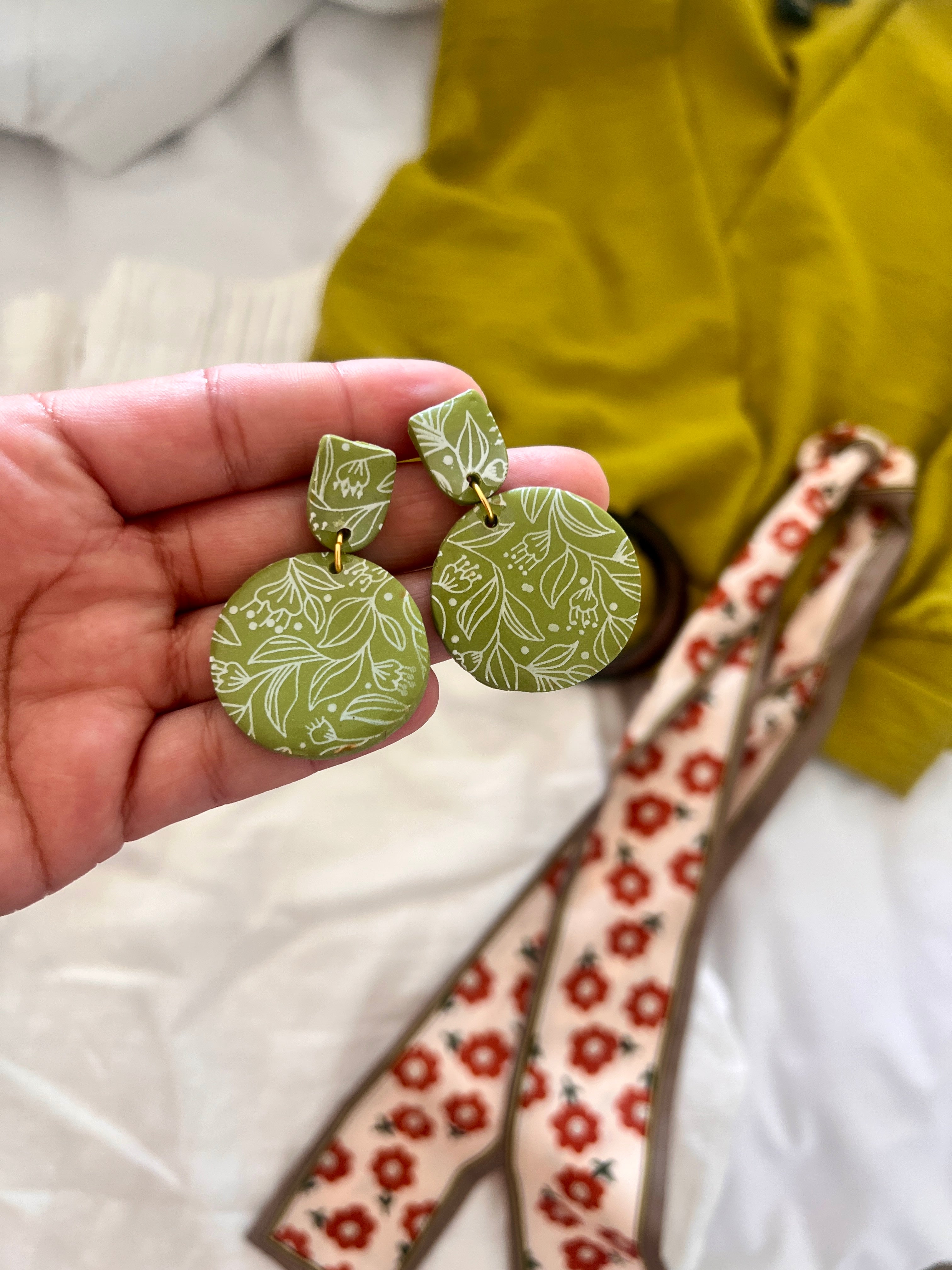 Green and White Delicate Floral Pattern Dangles