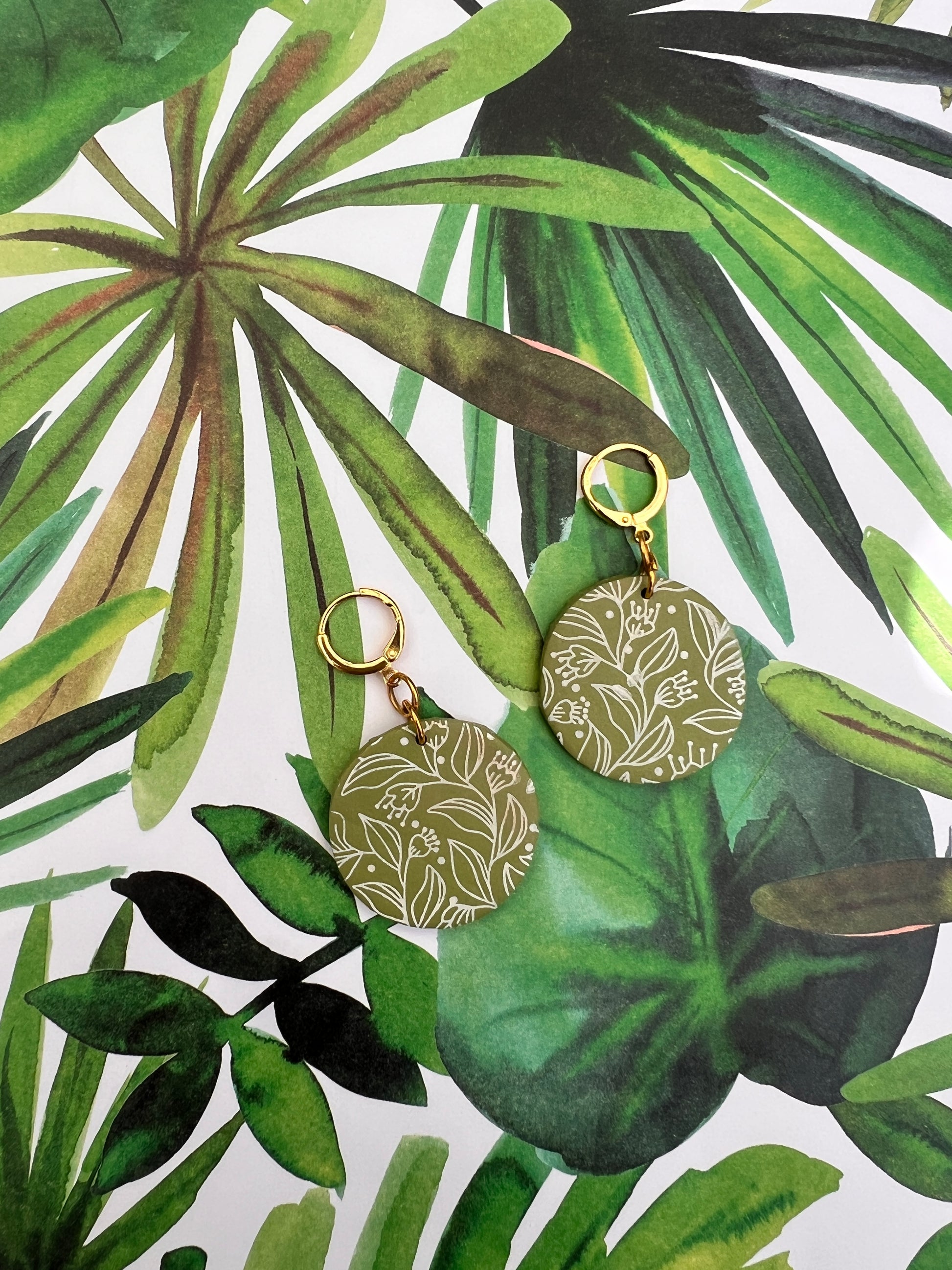 Green and White Floral Pattern Dangles
